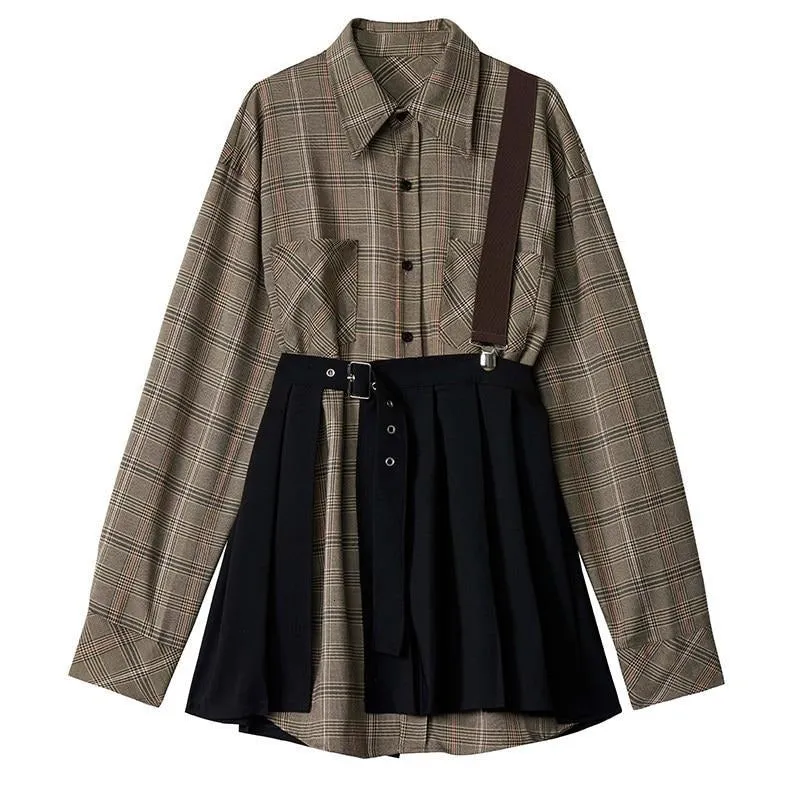 Women Plaid Pleated Split Two Piece  Dress Fashion Tide
