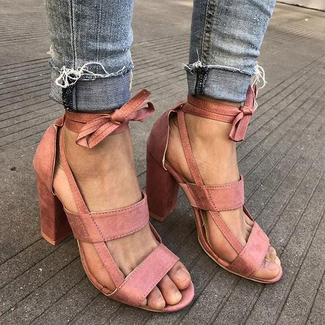 Women Pumps Fashion Gladiator Heels Shoes Woman Quality Lace Up High Heels Hollow Women Heels Black Pink