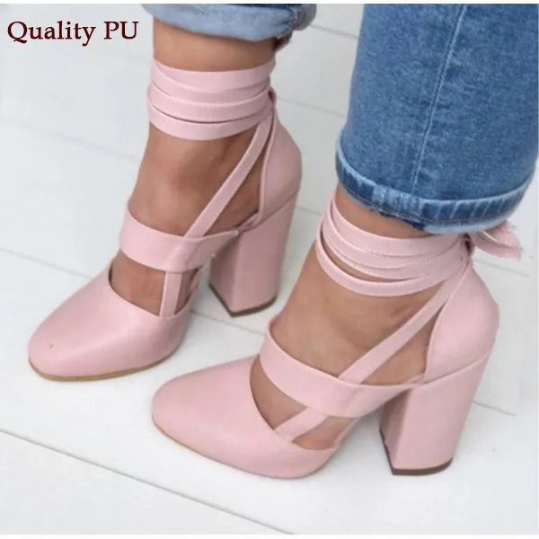 Women Pumps Fashion Gladiator Heels Shoes Woman Quality Lace Up High Heels Hollow Women Heels Black Pink