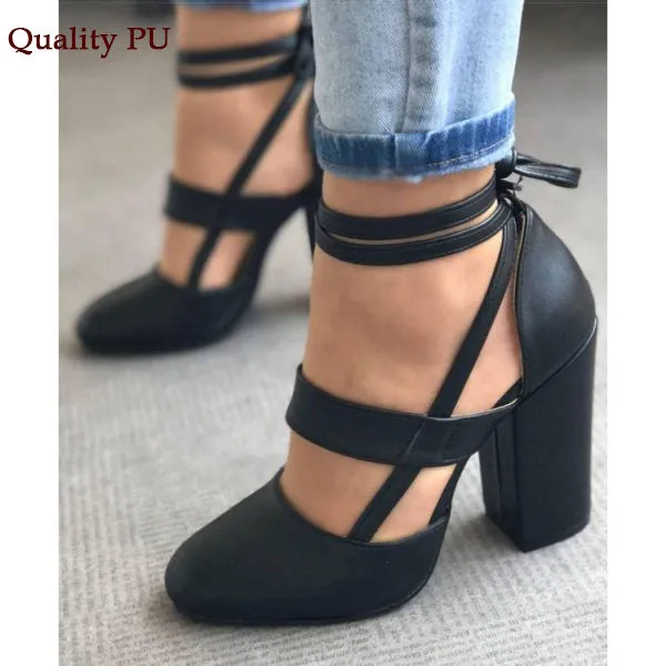 Women Pumps Fashion Gladiator Heels Shoes Woman Quality Lace Up High Heels Hollow Women Heels Black Pink