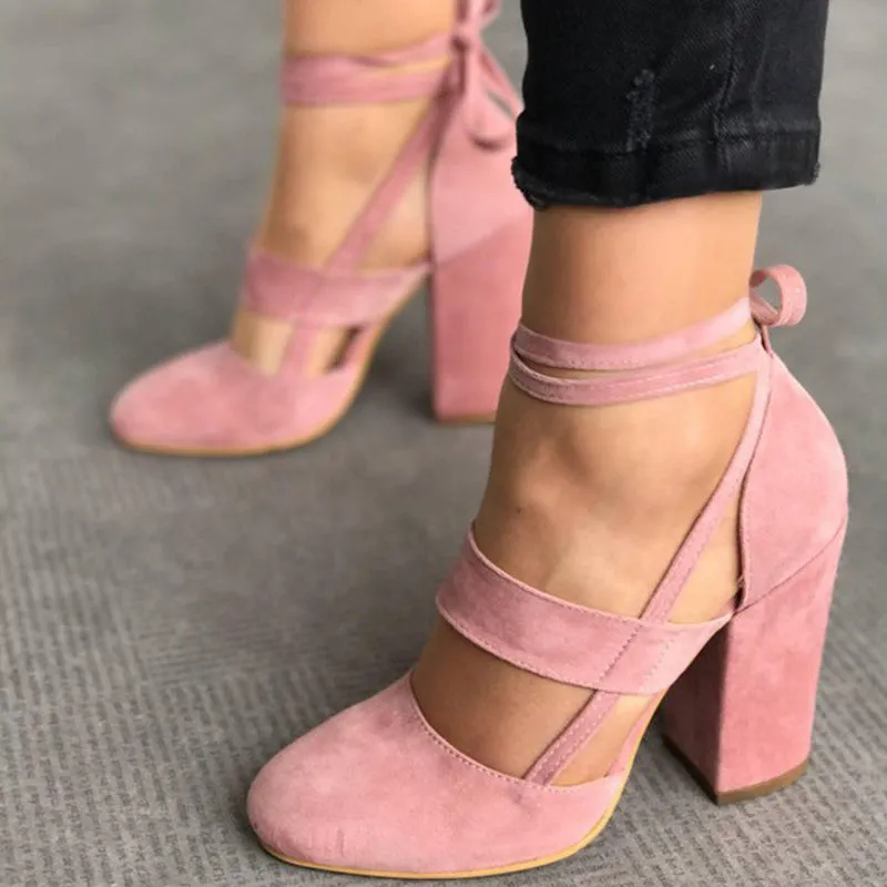 Women Pumps Fashion Gladiator Heels Shoes Woman Quality Lace Up High Heels Hollow Women Heels Black Pink