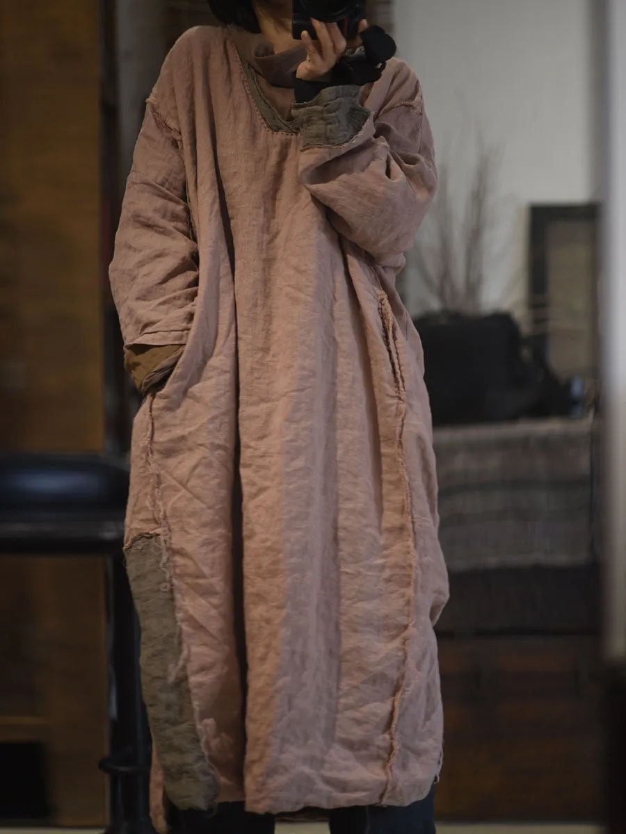 Women Retro Autumn Colorblock Linen Robe Dress