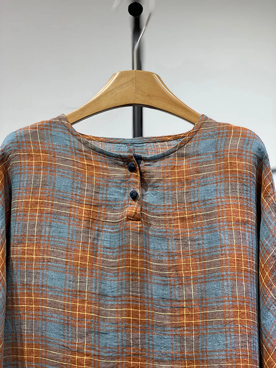 Women Spring Plaid O-Neck Linen Shirt