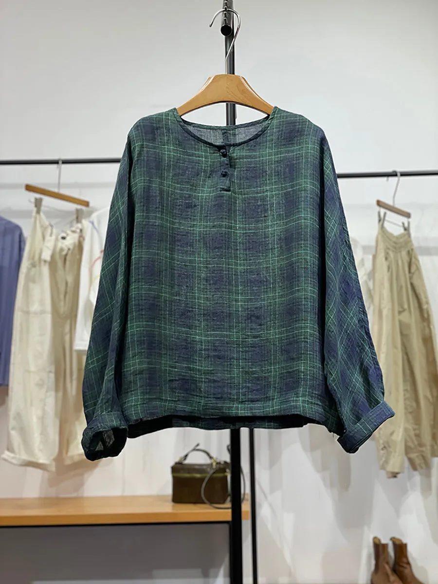 Women Spring Plaid O-Neck Linen Shirt