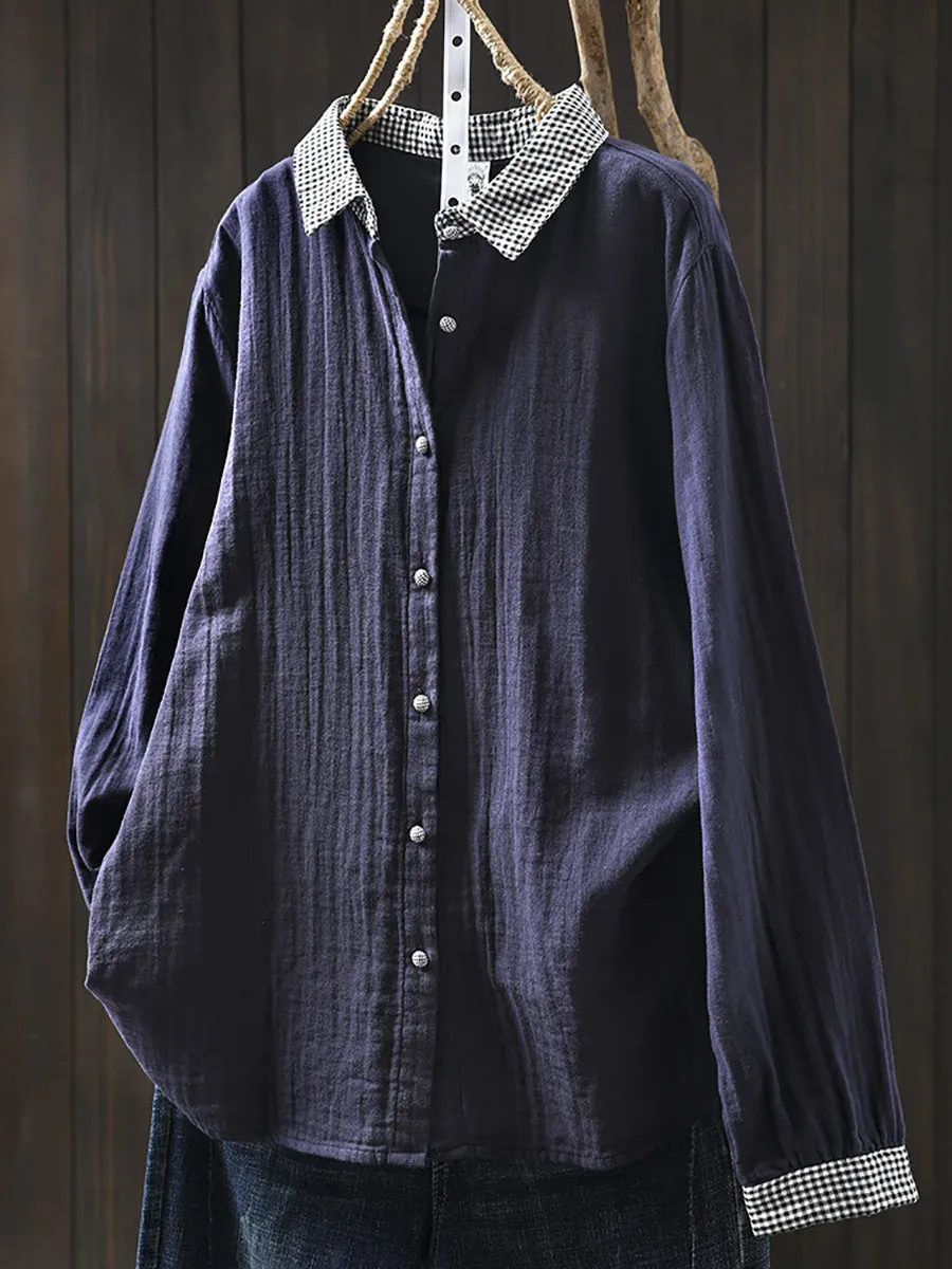 Women Spring Plaid Spliced 100%Cotton Turn-down Collar Shirt