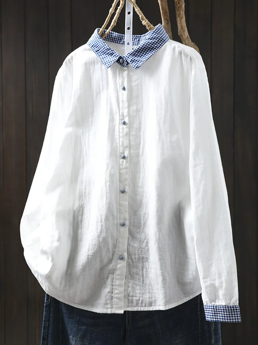 Women Spring Plaid Spliced 100%Cotton Turn-down Collar Shirt