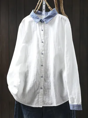 Women Spring Plaid Spliced 100%Cotton Turn-down Collar Shirt