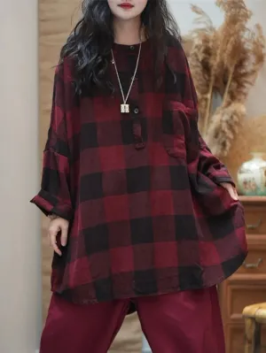 Women Summer Artsy Plaid O-Neck Cotton Shirt