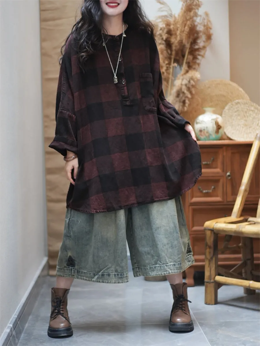 Women Summer Artsy Plaid O-Neck Cotton Shirt