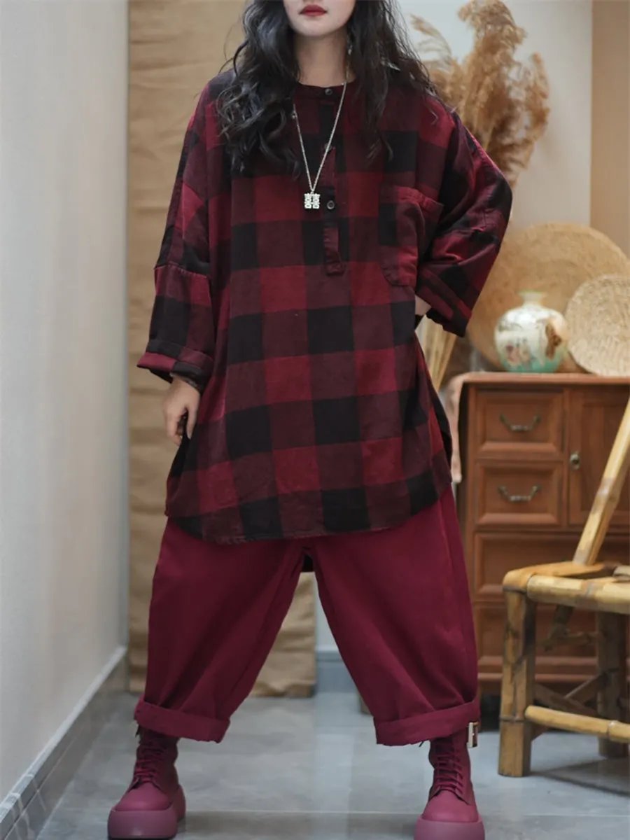Women Summer Artsy Plaid O-Neck Cotton Shirt