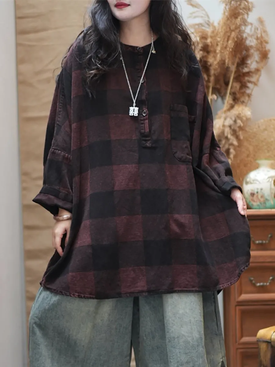 Women Summer Artsy Plaid O-Neck Cotton Shirt