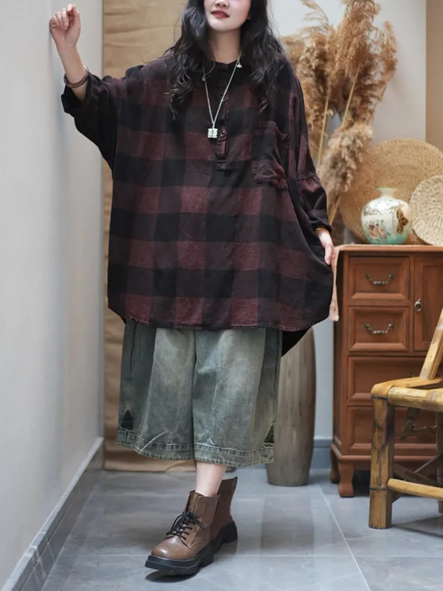 Women Summer Artsy Plaid O-Neck Cotton Shirt