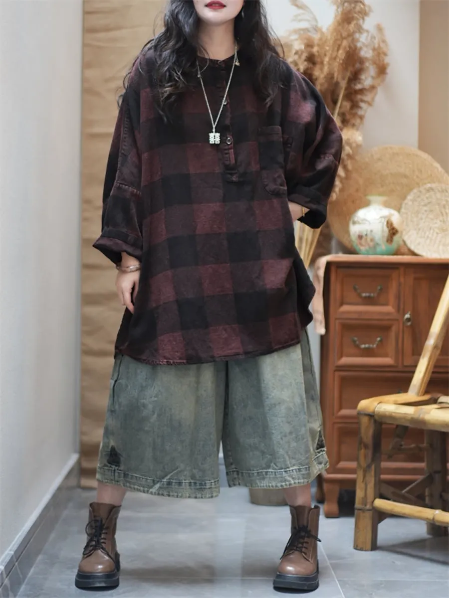 Women Summer Artsy Plaid O-Neck Cotton Shirt