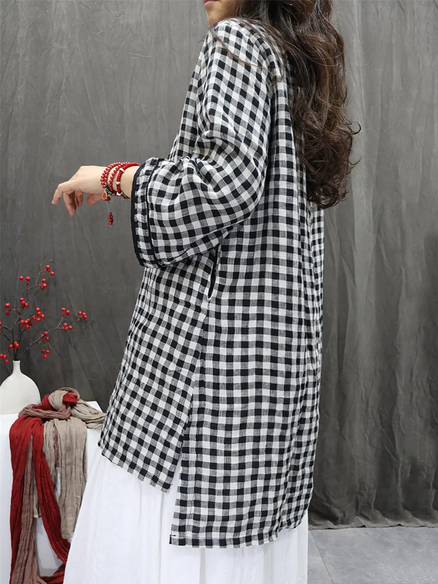 Women Summer Ethnic Plaid Stand Collar 100%Linen Shirt