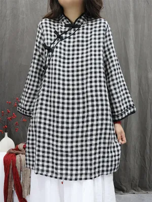 Women Summer Ethnic Plaid Stand Collar 100%Linen Shirt
