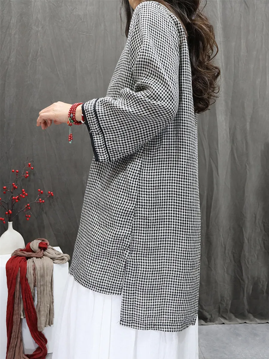 Women Summer Ethnic Plaid Stand Collar 100%Linen Shirt
