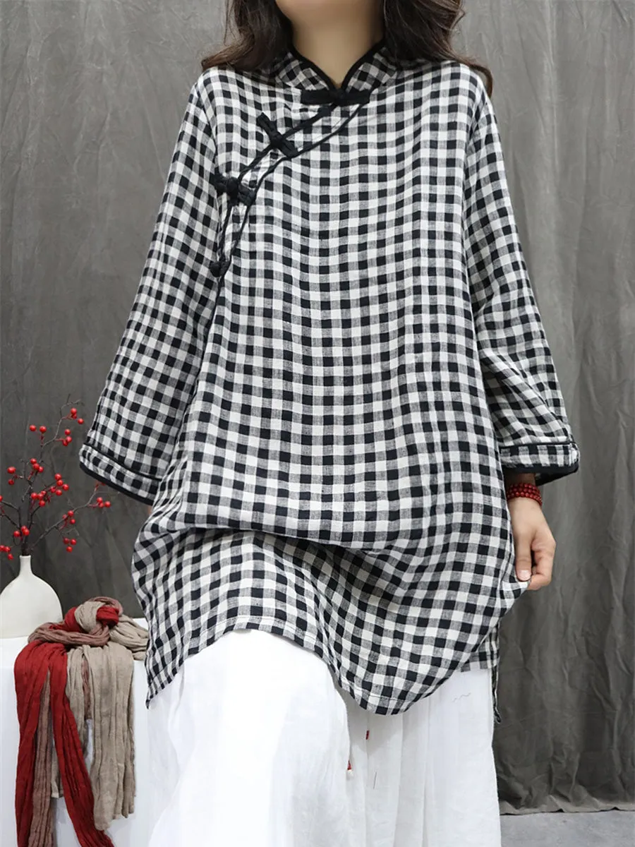 Women Summer Ethnic Plaid Stand Collar 100%Linen Shirt