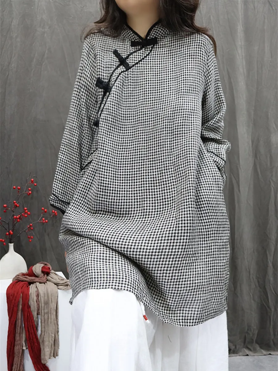 Women Summer Ethnic Plaid Stand Collar 100%Linen Shirt