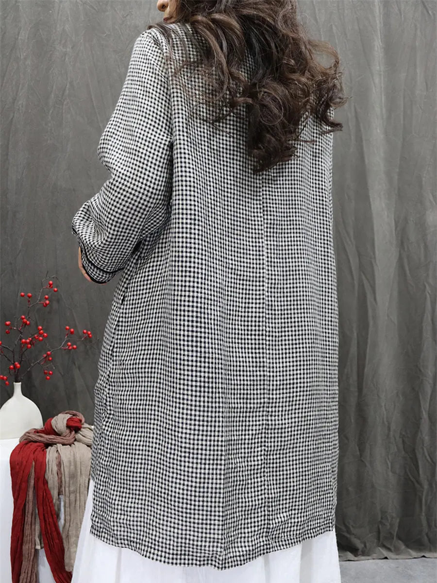 Women Summer Ethnic Plaid Stand Collar 100%Linen Shirt