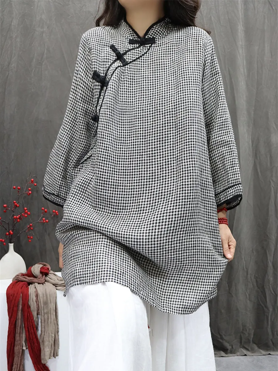 Women Summer Ethnic Plaid Stand Collar 100%Linen Shirt