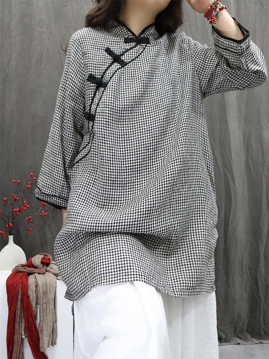 Women Summer Ethnic Plaid Stand Collar 100%Linen Shirt