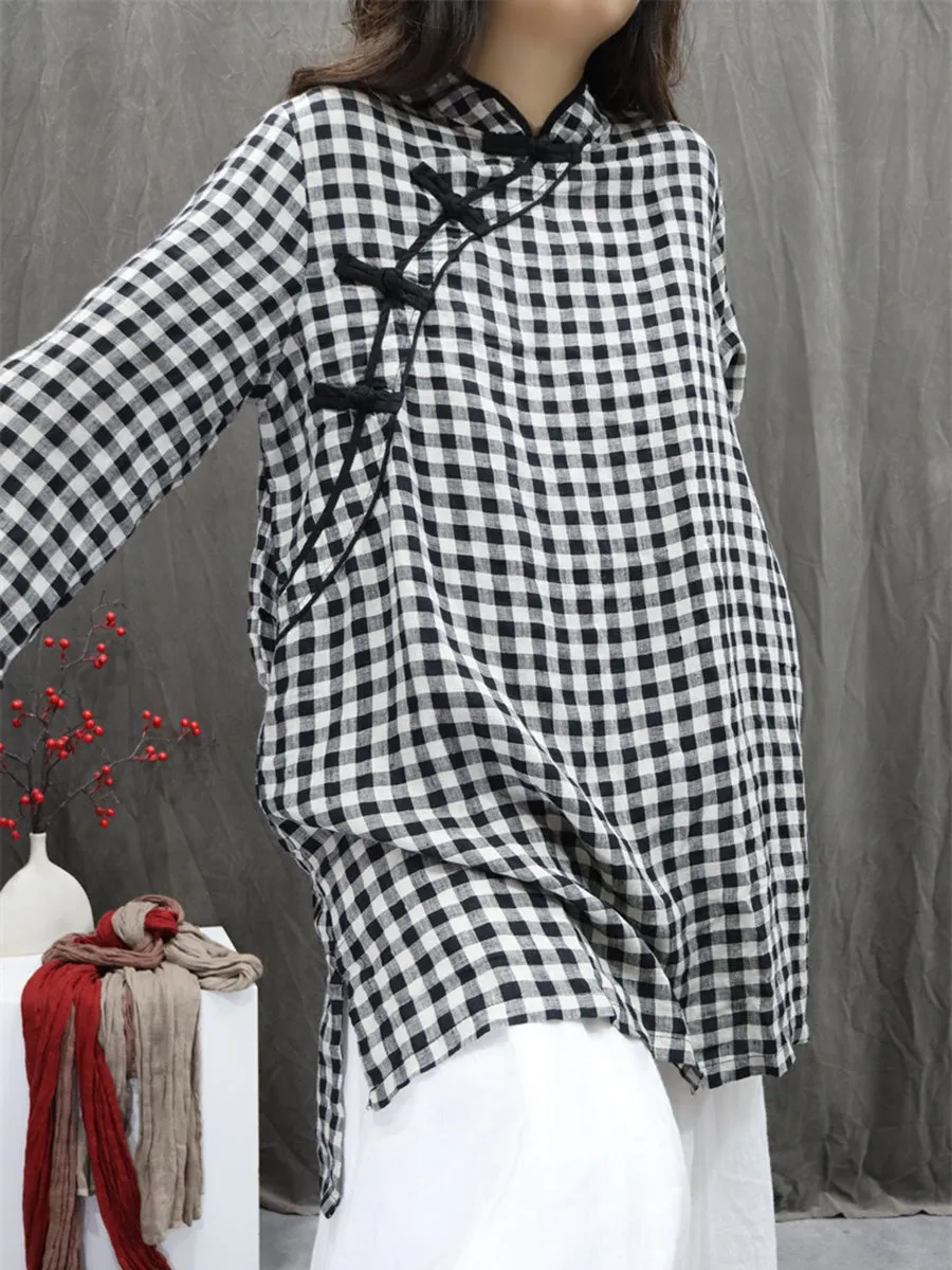 Women Summer Ethnic Plaid Stand Collar 100%Linen Shirt