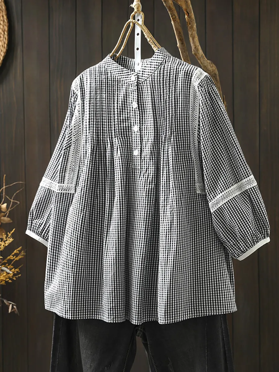 Women Summer Plaid Half Sleeve 100%Cotton Shirt