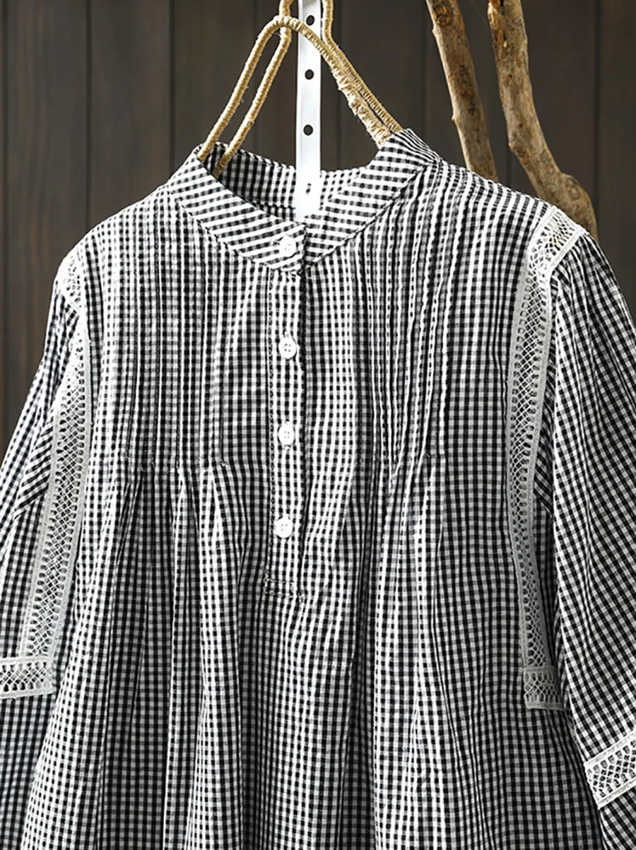 Women Summer Plaid Half Sleeve 100%Cotton Shirt