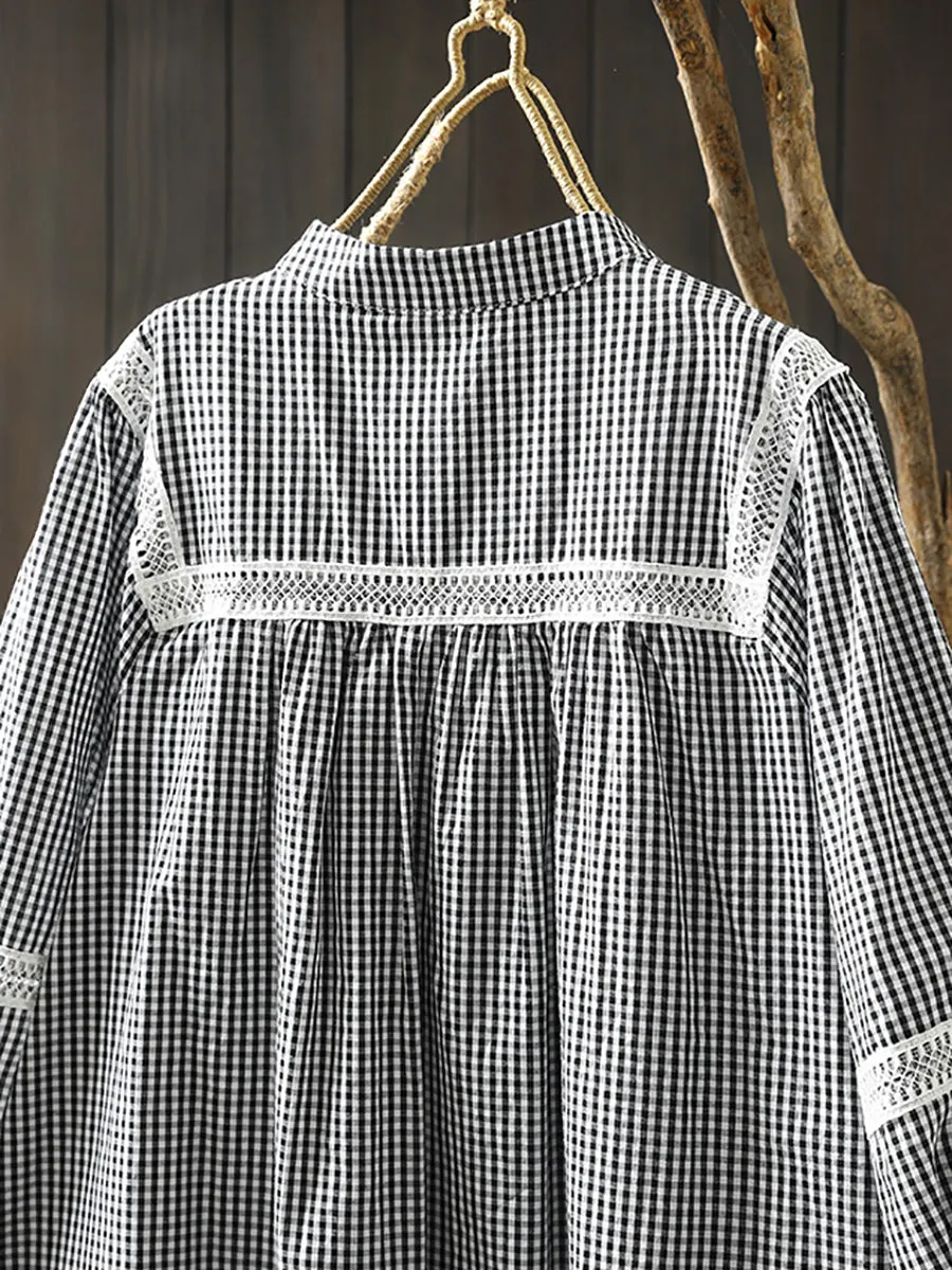 Women Summer Plaid Half Sleeve 100%Cotton Shirt