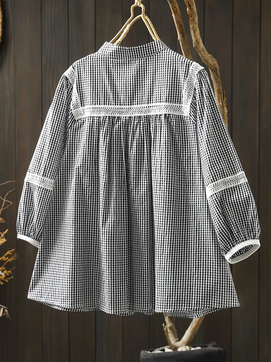 Women Summer Plaid Half Sleeve 100%Cotton Shirt
