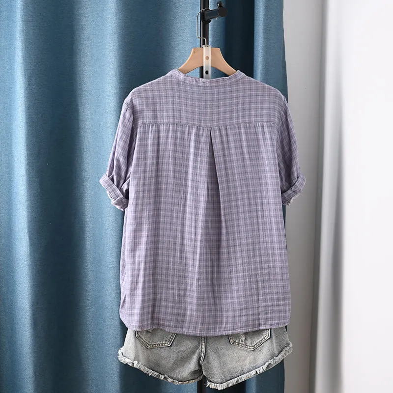 Women Summer Plaid Stand Collar 100%Cotton Shirt
