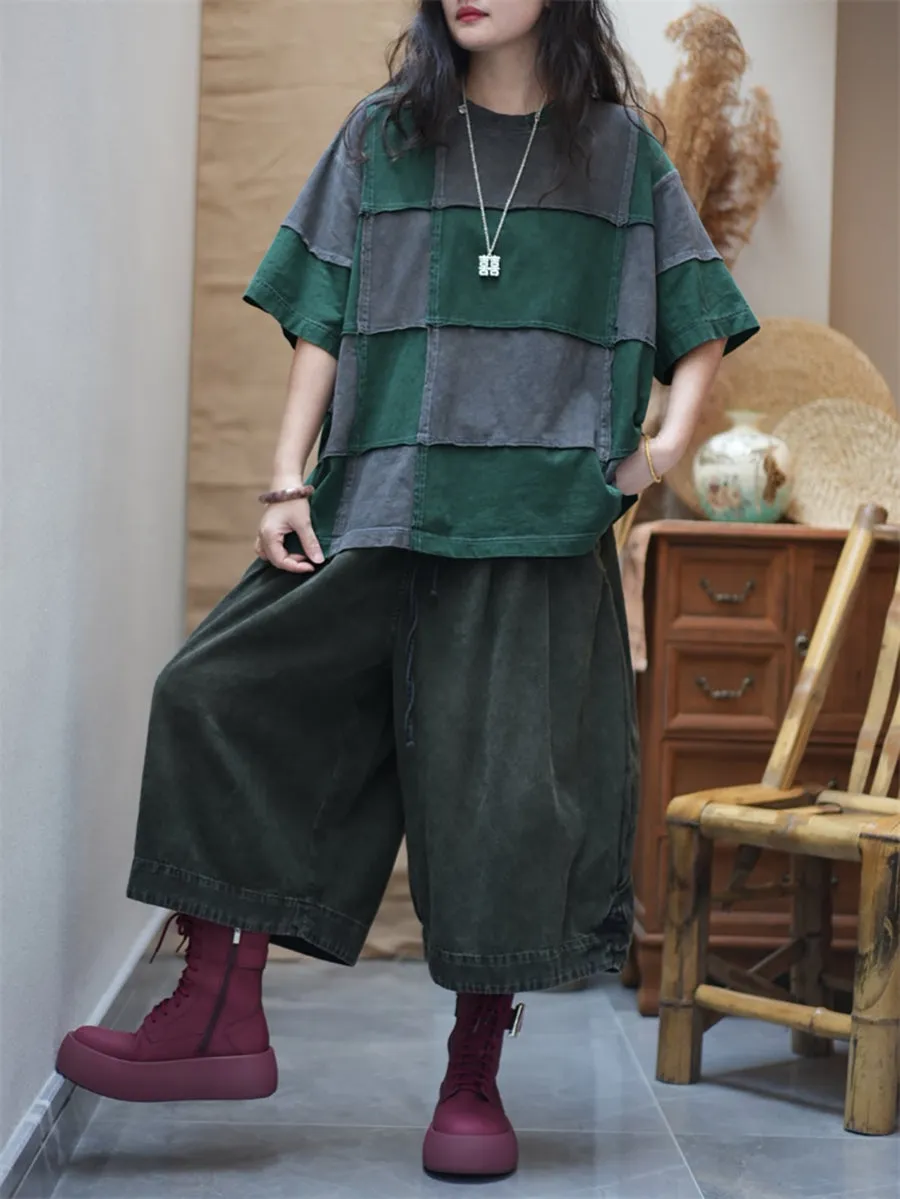 Women Summer Retro Colorblock Plaid O-Neck Cotton Shirt