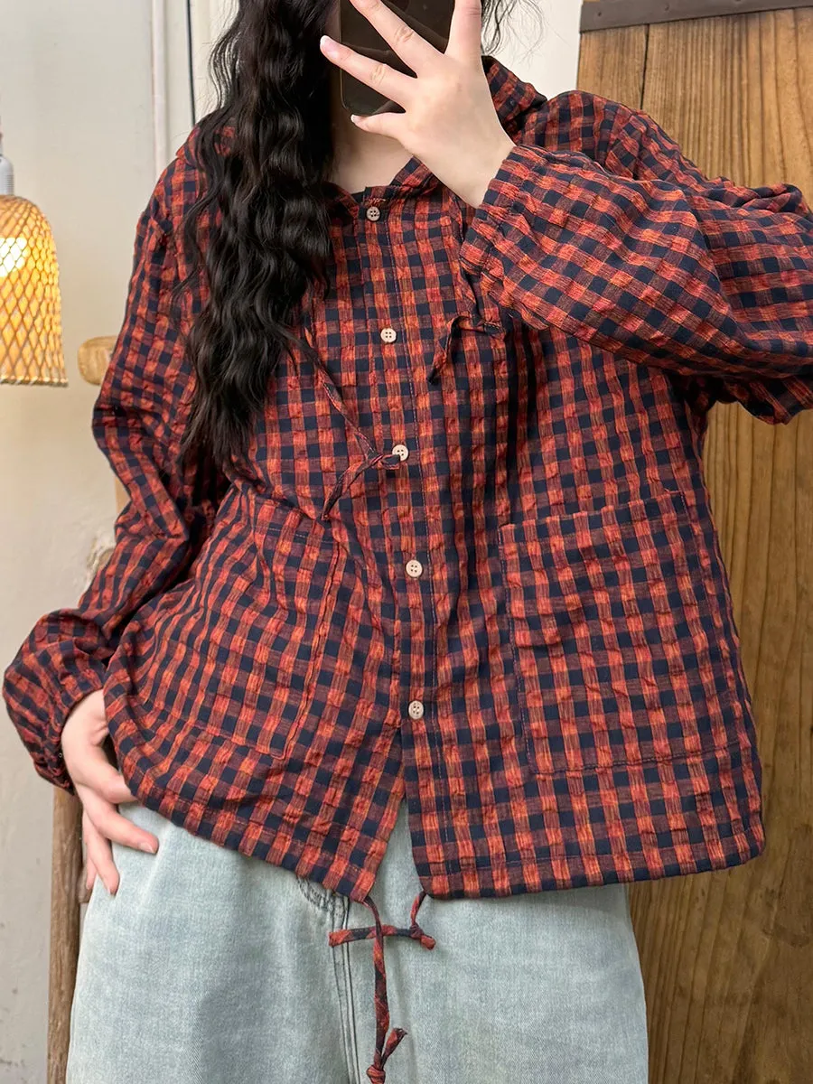 Women Summer Retro Plaid Hooded Cotton Thin Shirt