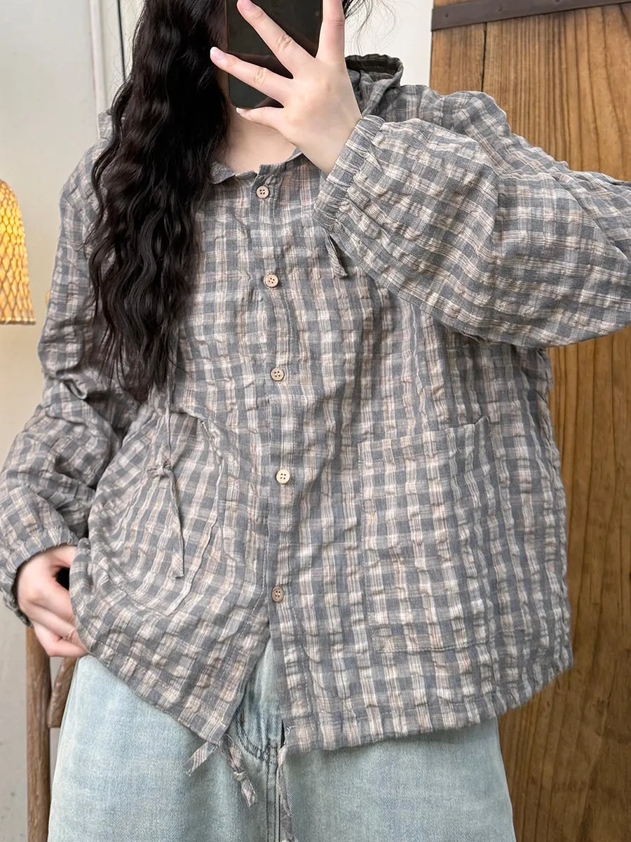 Women Summer Retro Plaid Hooded Cotton Thin Shirt