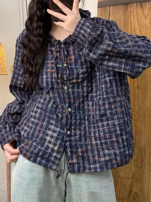 Women Summer Retro Plaid Hooded Cotton Thin Shirt