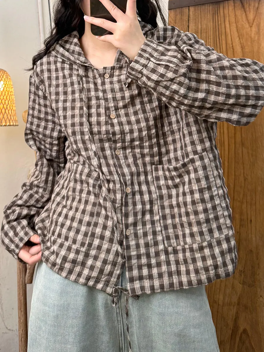 Women Summer Retro Plaid Hooded Cotton Thin Shirt