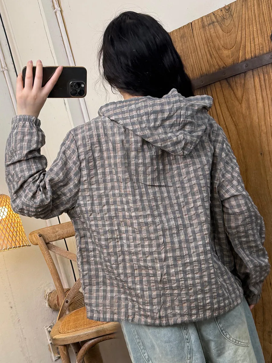 Women Summer Retro Plaid Hooded Cotton Thin Shirt