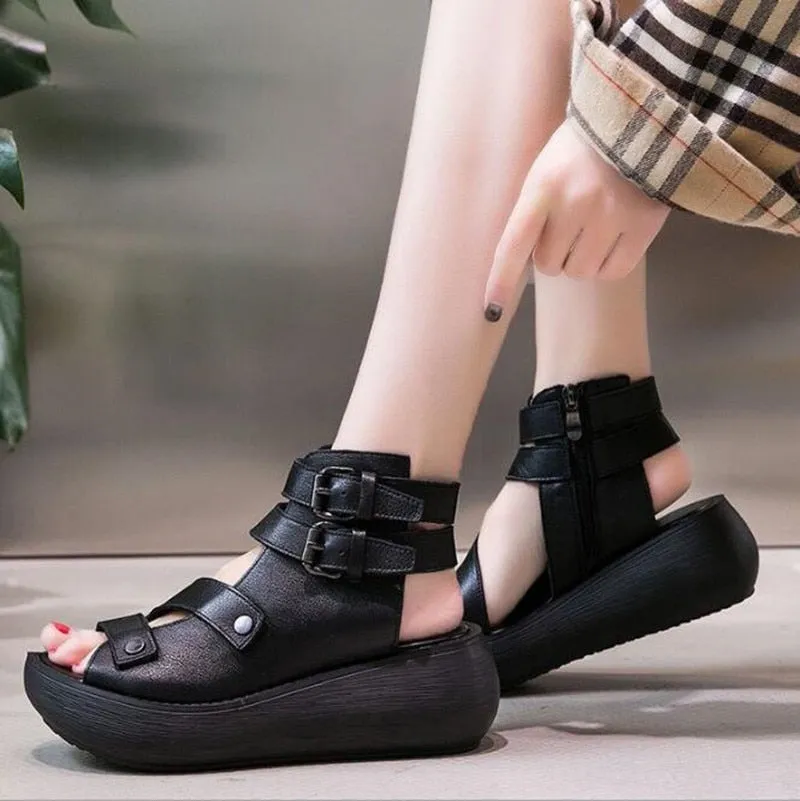 Women Summer Sandals Mid Heels Wedges Shoes Ladies Vintage Leather Plus Size 40 Sandalias Mujer Sapato Feminino Fashion Footwear