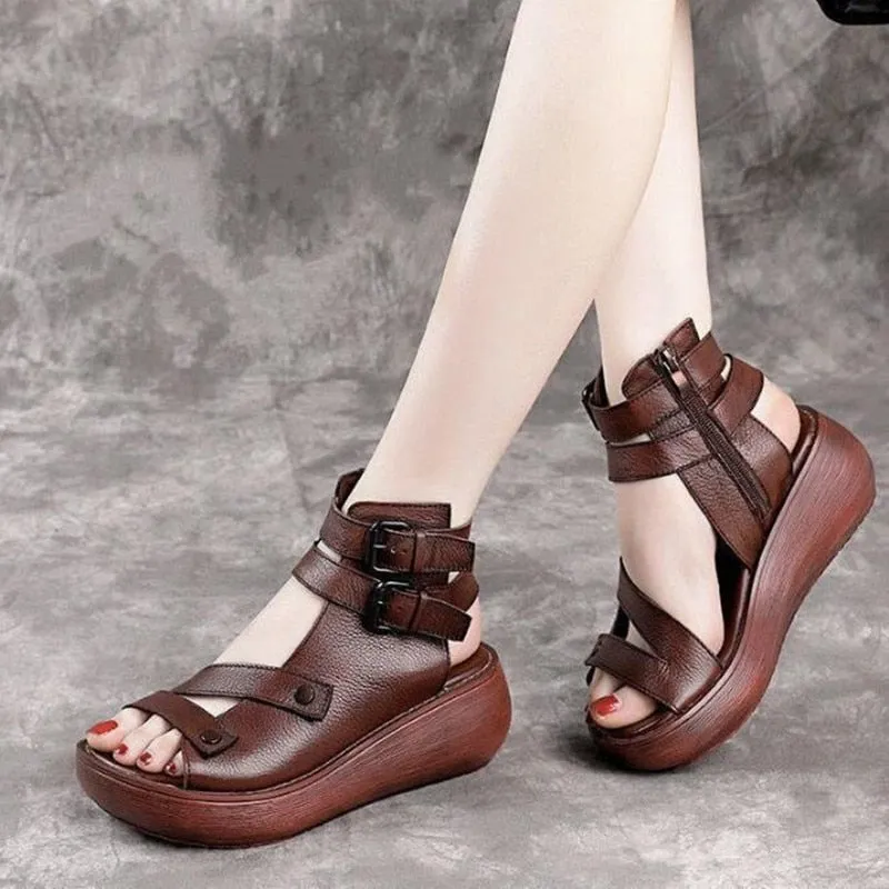 Women Summer Sandals Mid Heels Wedges Shoes Ladies Vintage Leather Plus Size 40 Sandalias Mujer Sapato Feminino Fashion Footwear