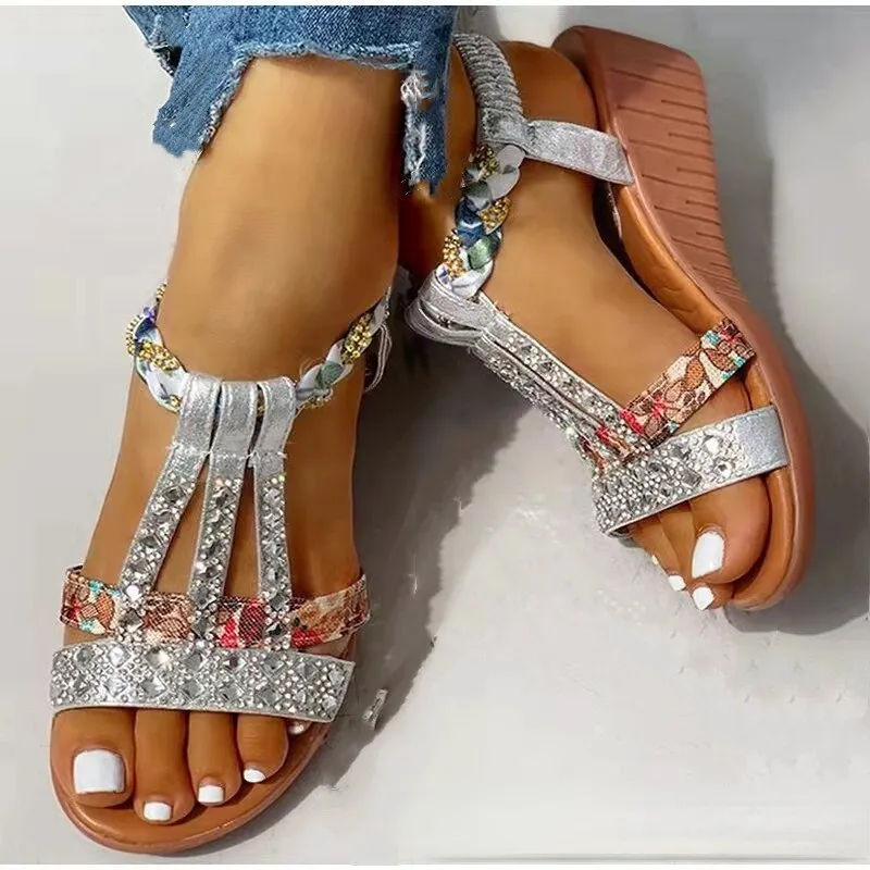 Women Wedge Sandals Summer 2022 New Bohemia Casual High Heels Sandals Fashion Female Peep Toe Rhinestones Outdoor Beach Shoes