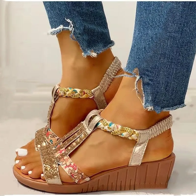 Women Wedge Sandals Summer 2022 New Bohemia Casual High Heels Sandals Fashion Female Peep Toe Rhinestones Outdoor Beach Shoes
