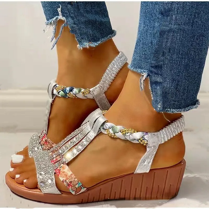 Women Wedge Sandals Summer 2022 New Bohemia Casual High Heels Sandals Fashion Female Peep Toe Rhinestones Outdoor Beach Shoes