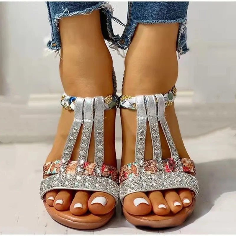 Women Wedge Sandals Summer 2022 New Bohemia Casual High Heels Sandals Fashion Female Peep Toe Rhinestones Outdoor Beach Shoes