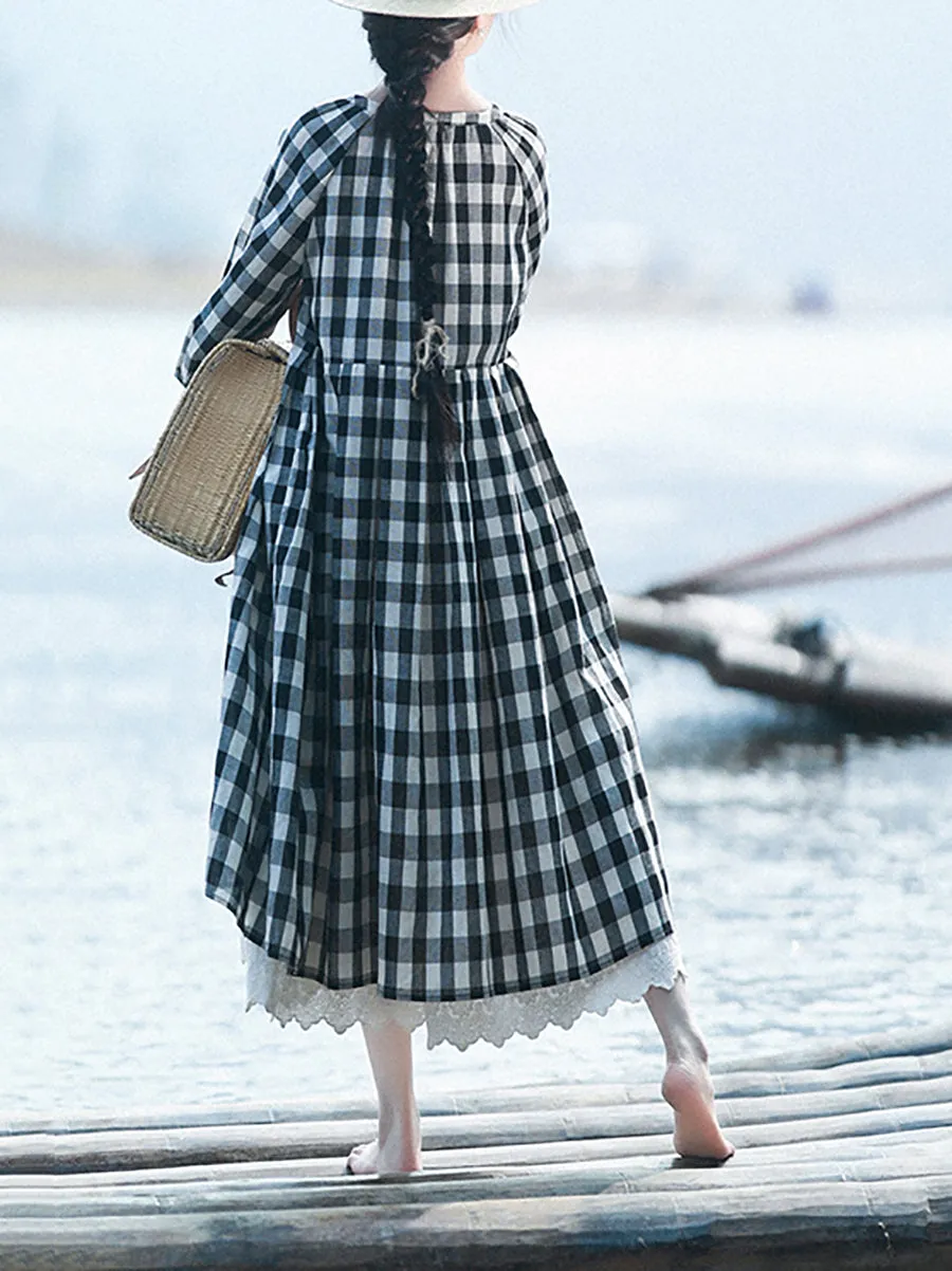 Women Winter Casual Plaid O-Neck Cotton Linen Dress