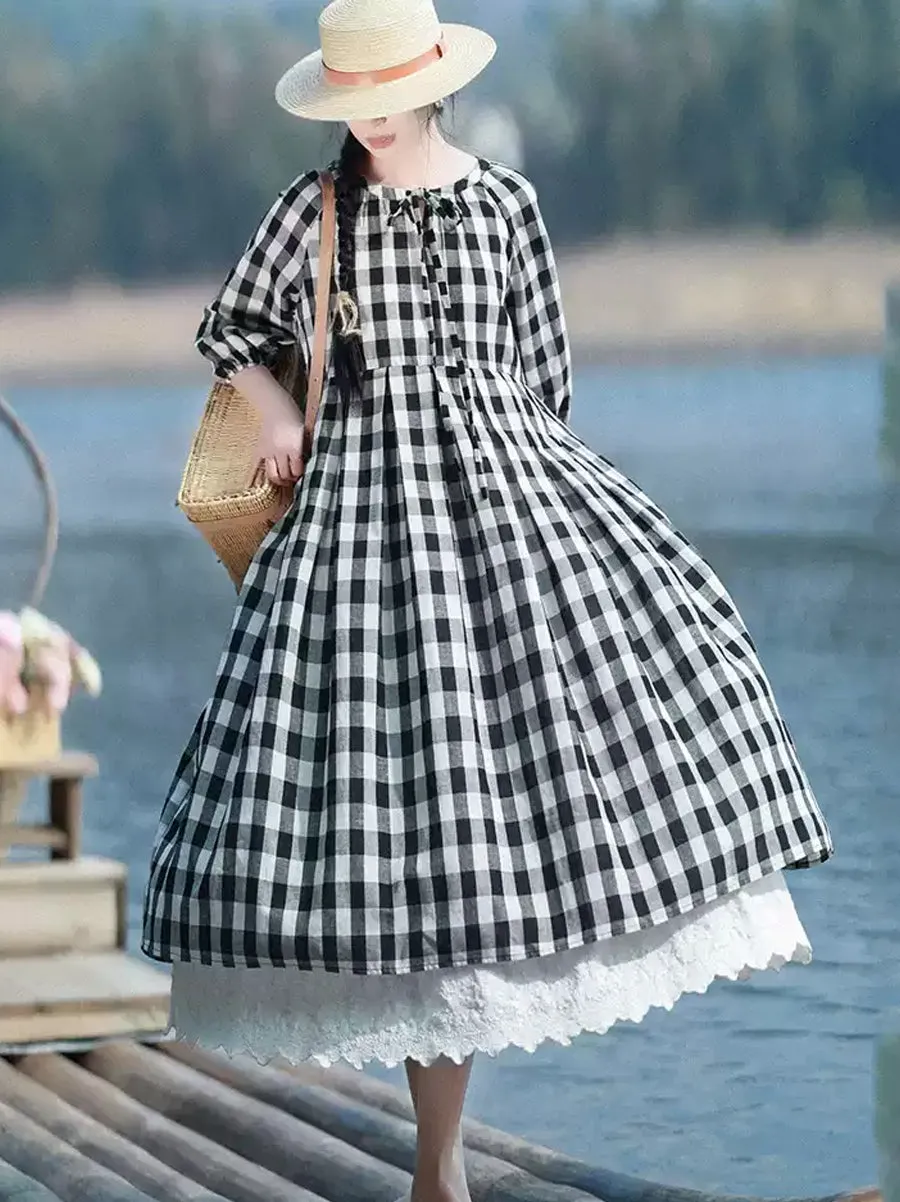 Women Winter Casual Plaid O-Neck Cotton Linen Dress