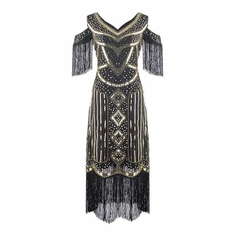 Womens 1920s Flapper Dress Vintage Long Fringe Beaded Dress