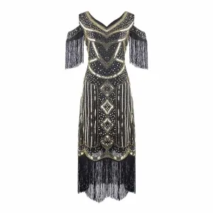 Womens 1920s Flapper Dress Vintage Long Fringe Beaded Dress