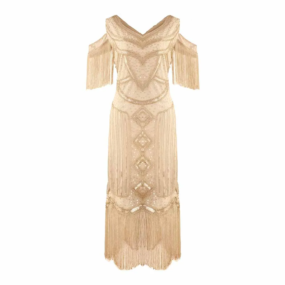 Womens 1920s Flapper Dress Vintage Long Fringe Beaded Dress