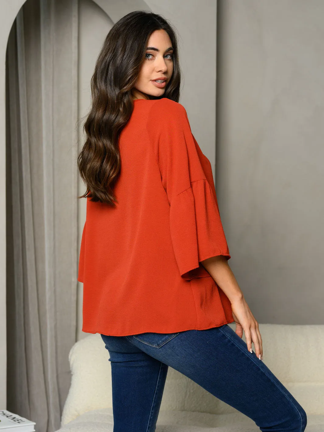 WOMEN'S 3/4 BELL SLEEVE V-NECK TUNIC TOP