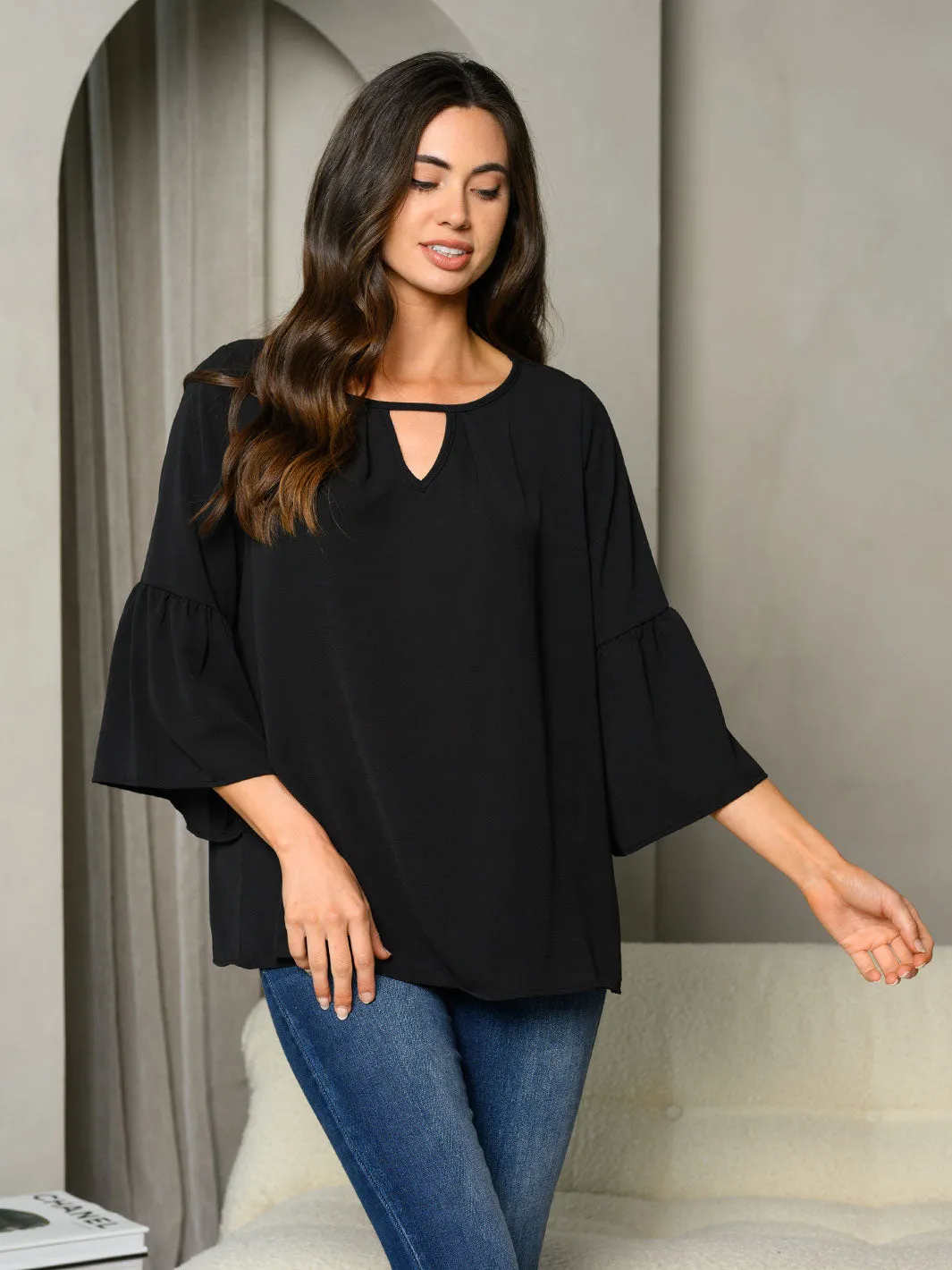 WOMEN'S 3/4 BELL SLEEVE V-NECK TUNIC TOP